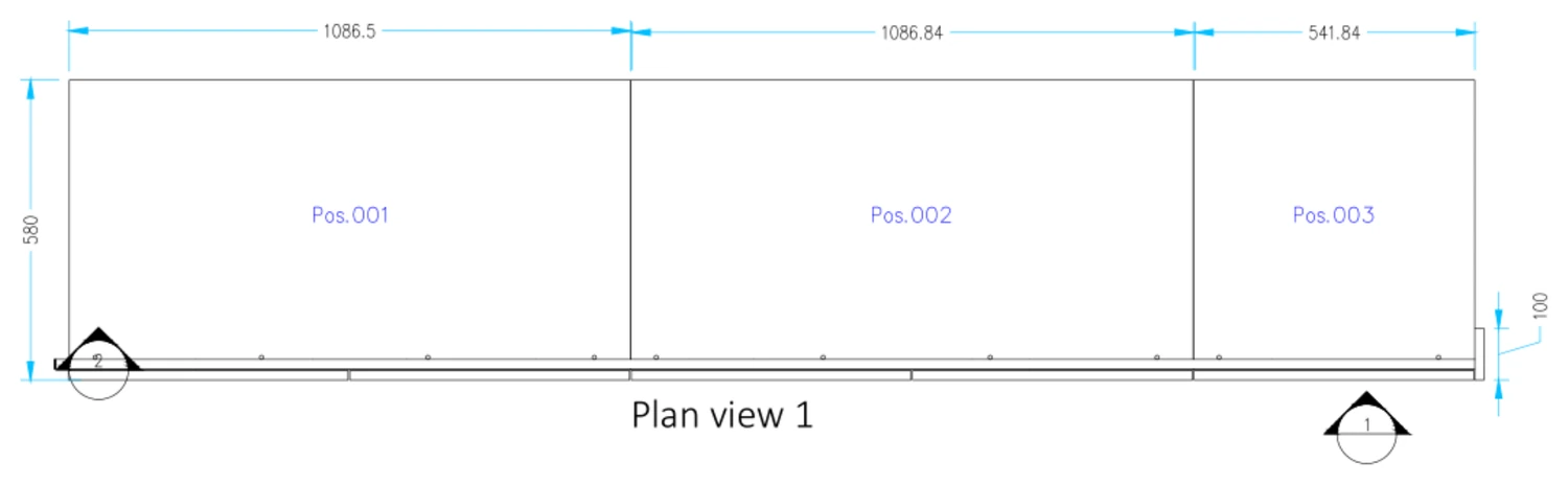 Bouwplan met de posities Pos.001, Pos.002 en Pos.003 per kastdeel