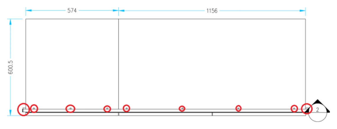 Technische tekening met de peildrevels in het rood omcirkeld