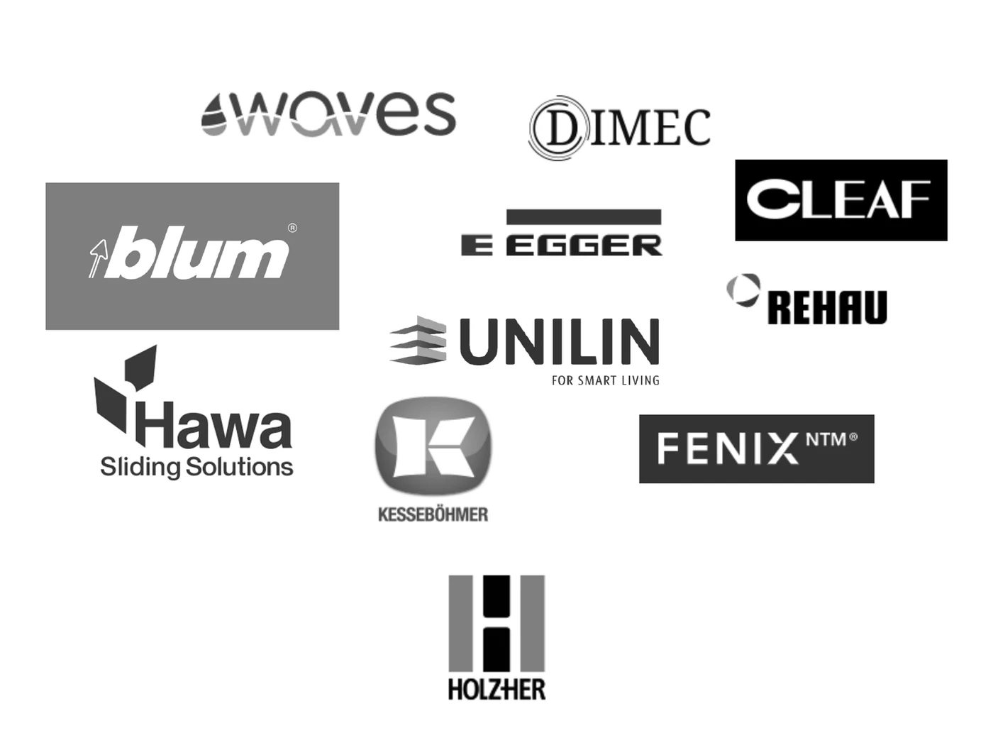 Onze partnermerken — o.a. Blum, Hawa, Holz-Her, Unilin, Egger, Rehau, Cleaf en Kesseböhmer