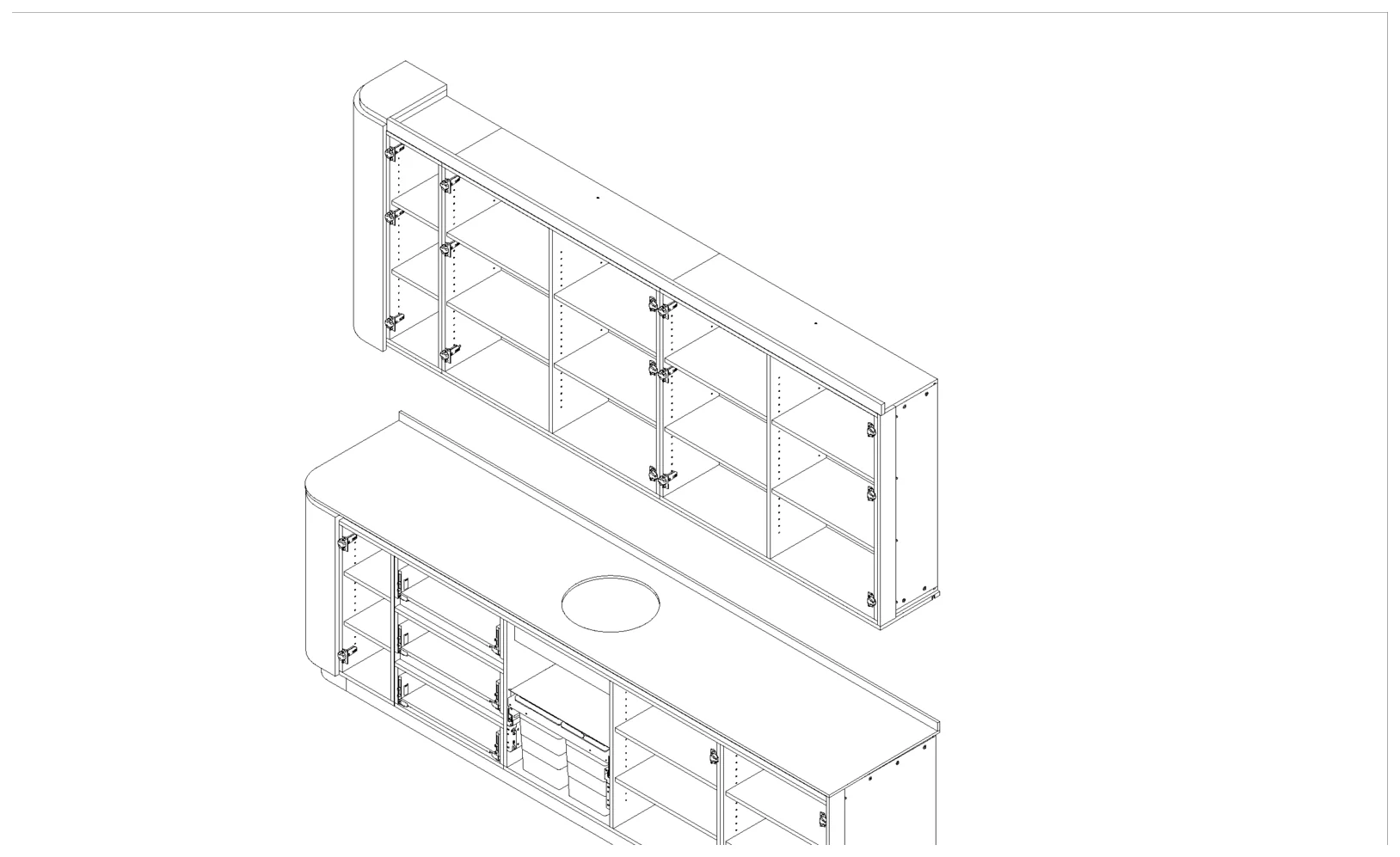3D-opbouwtekening van een kastenwand met legborden en beslag