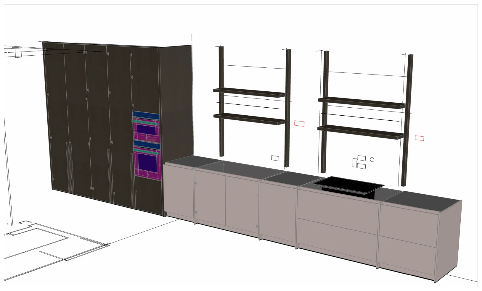 3D-aanzicht van een keukenwand op maat