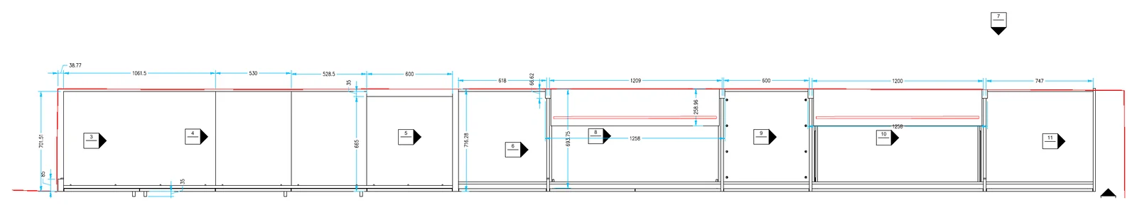 Technische productietekening van een keukenwand met maten en positienummers